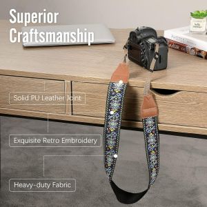 Sangle Pour Appareils Photo, Bandouli&egrave;re Universelle R&eacute;glable Vintage Tiss&eacute;e, Courroie Avec Fleurs Brod&eacute;es Pour Cam&eacute;scope Jumelles Appareil Photo Num&eacute;rique Nikon/Canon/Sony/Minolta, Bleu Vin[Z2815] - Neuf
