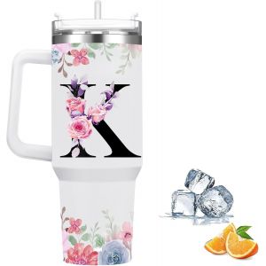 Sjzg-Gobelet Isotherme, Avec Paille Et Poign&eacute;e, 1180 Ml, Tasse &Agrave; Caf&eacute; Avec Couvercle, Double Paroi Isotherme En Acier Inoxydable Pour Boissons Chaudes/Froides, Motif Floral - Cadeau Pour Homme Et - Neuf