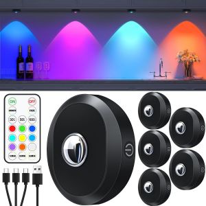 Subzonal-Rgb Rechargeable Spot Led Sans Fil, Rgb Led Sans Fil Avec T&eacute;l&eacute;commande,Intensit&eacute; Variable, Fonction De Synchronisation, Lampe De Placard Pour Sous Les Placards, Armoires(Paquet De 6) - Neuf