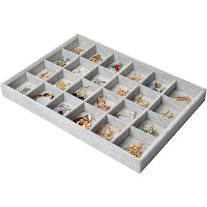 24 Grilles Plateau Bijoux Velours Pour Tiroirs,Empilable Rangement Organiseur Bijoux,Amovibles Vitrine Bijoux Présentoir Bijoux Plateau Pour Bague Bracelet Boucle D'oreille Collier,35x24x3cm(Gris) - Neuf