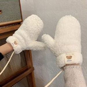 1 Paire De Mitaines De Cyclisme D'hiver Avec Sangle De Suspension Au Cou, Peluche Épaisse, Décor D'ours De Dessin Animé, Coupe-Vent Tricoté Antidérapant Par Temps Froid, Conduite, Golf, Ski, Patinage-Blanc - Neuf