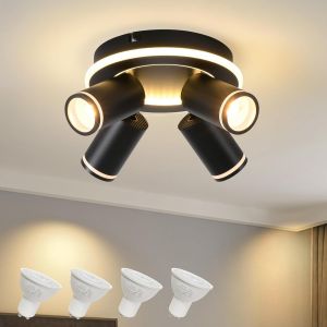 KAL-Spot De Plafond Ronde Orientable,4 Spots Led Plafonnier Pivotants 350°,Moderne Éclairage Luminaire Avec Lueur Inférieure 22W+4X5W Gu10,Blanc Chaud Spot Mural 3000K Pour Cuisine Salon,Noir - Neuf