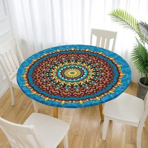 Protège Table Elastiqué Rond Nappe Anti-Taches Pour La Maison Patio Deck Table À Thé Cuisine Salle À Manger Décoration De Mariage De Fête (180cm,Bohême Bleue) - Neuf
