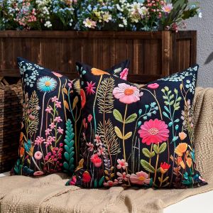 Ksfal-Lot De 2 Housses De Coussin D'extérieur Noires 40x40 Cm,Plantes De Fleurs Sauvages Printanières Housses De Coussin Décoratives Carrées Douces Ferme Pour La Maison,Le Canapé,Le Jardin - Neuf