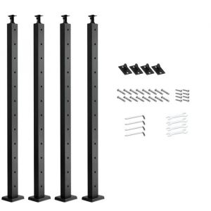 Lot de 4 Poteau de Garde-corps-Duoku-1067x50,8x50,8 mm-avec Trous Horizontaux Pr&eacute;-perc&eacute;s et Support Incurv&eacute;-Noir - Neuf