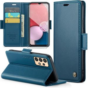Kal-Coque Pour Samsung Galaxy A13/A04s/A04+ 2 Pièces Verre Trempé,Antivol,Prend En Charge Le Chargement Sans Fil, Pochette Fermeture Magnétique Flip Case- Bleu - Neuf