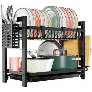 Egoutoire Vaisselle Cuisine Noir À 2 Niveaux En (43.5 * 24.5 * 34.5) Inox Avec Porte-Ustensiles Et Bac D'égouttement - Neuf