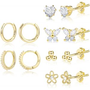 Kal-6 Paires Lot Boucles D'oreilles En Or Argent 925, Boucles D'oreilles Cr&eacute;oles Avec De Clous En Diamant Petit, Hypoallerg&eacute;nique Cz Cartilage Boucles D'oreilles Clous D'oreilles Pour Femmes Filles - Neuf