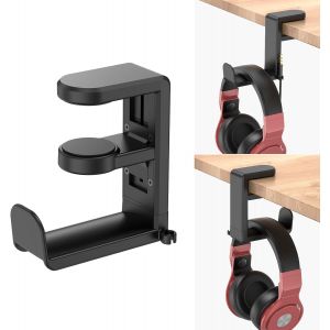 support de suspension pour casque noir, avec bras de serrage réglable et rotatif, et organiseur de câbles intégré. - Neuf