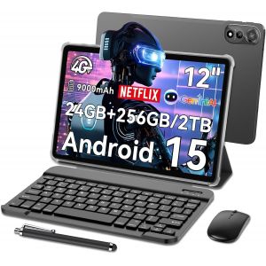 CHECARZHN--NO1- 2 Tablette 12 Pouces Android 15, 2K Fhd Tablette 24Go Ram 256Go Rom, 4G Lte 5G Wifi Tablette De Jeu Avec Souris Et Clavier, 9000Mah/16Mp+8Mp/Widevine L1/Face Id/Gps - Neuf