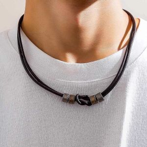 Kunjoe Vintage Double Layered Cylindrical Nou&eacute; Pu Cuir Collier Ras De Cou Pour Hommes Simple Corde Cha&icirc;ne Party Bijoux Cadeau - Neuf