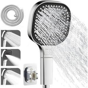 Lkjkj-Pomme De Douche, Pomme De Douche Haute Pression, Douchette À Main Carré - Diamètre 130 Mm,Pommeau De Douche Haute Pression 3 Modes Avec Flexible De Douche 1.5 M (Argent) - Neuf
