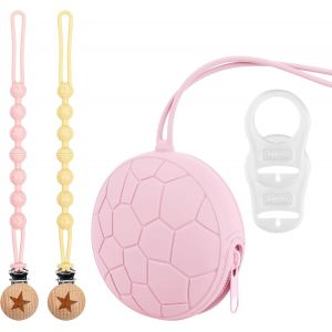 2 Attache Tetine + 1 Porte Tetine Rose + 2 Adaptateurs (Sans Sac Cadeau,Rose) - Neuf