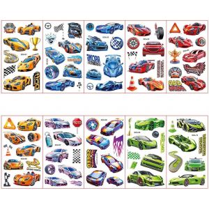 Lot De 10 Feuilles De Tatouages Temporaires Pour Enfants - Fournitures De F&ecirc;te D'anniversaire - Autocollants Sur Le Th&egrave;me Du Voitures De Course - R&eacute;compenses De Salle De Classe - Neuf