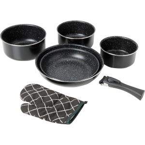 Nouvelhorizonstore-Hg8053 Blk Batterie De Cuisine, Lot De 3 Casseroles Induction Et 2 Poeles Tous Feux De Diff&eacute;rentes Tailles Et 1 Gant De Cuisine, Rev&ecirc;tement Marbre Antiadh&eacute;sif, Poign&eacute;es Amovibles, - Neuf