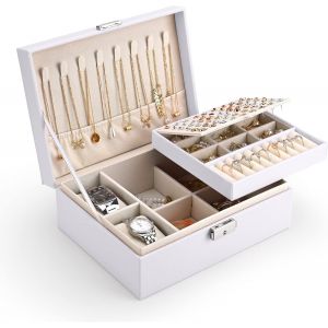 Boîte À Bijoux Femme Filles 2 Couches Boite Rangement Bijoux Pour Voyage Verrouillable Organisateur Bijoux En Cuir Pu Imperméable Pour Bagues Boucles Colliers Montres, Blanc - Neuf