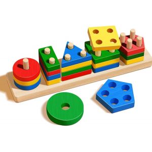 Jouets en Bois &Agrave; Trier Et &Agrave; Empiler,Jouets Montessori en Bois &Agrave; Partir,Puzzle &Agrave; Encastrement en Bois,Jeu De Construction G&eacute;om&eacute;trique,Tour D'empilage Et Puzzle en Bois - Neuf