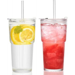 Set De 2 Gobelets En Verre Avec Couvercles Et Pailles - Neuf