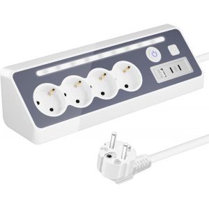 Multiprise 4 prises avec USB et 2 ports de type C - Prise d'angle avec interrupteur pour plan de travail de cuisine - Blanc - Neuf