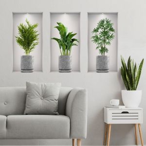 3Pcs Autocollants Muraux,Autocollants Muraux 3D Vase,Autocollants D`Art Mural de Plantes Vertes pour La Décoration Murale de la Cuisine de la Chambre (9.06×17.72in) - Neuf