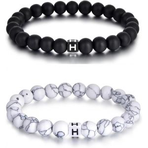 Kal-Lot De 2 Bracelets Avec Lettres De L'alphabet De 8 Mm En Pierre Naturelle Pour Couple Livr&eacute; Dans Une Bo&icirc;te Cadeau Raffin&eacute;e - Neuf