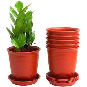 TEPPE-6 Pièces Pots De Fleurs en Plastique, 15,5cm Épaissir Les Pots De Plantes Conteneur De Plantes Pot De Jardinage D'intérieur avec Palette De Drainage (Rouge Brique) - Neuf