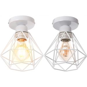 KAL-Plafonnier Industrielle Vintage Design Rétro Cage En Métal Fer Forge, Suspension Luminaire E27 Lampe De Plafond Diamant Ø16Cm (2Pcs Blanc) - Neuf