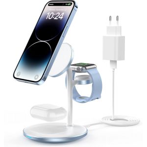 ERYI-Station De Charge Inductive, Chargeur De Station De Charge Sans Fil 3 En 1, Chargeur Sans Fil Compatible Avec Chargeur Mag Safe Pour Iphone 15 14 13 Iwatch Ultra 2/1,Series 9,Airpods Bleu - Neuf
