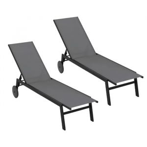 Costway Lot De 2 Chaise Longue De Jardin Avec Roulettes, Dossier R&eacute;glable En 6 Positions, Pour Piscine, Terrasse Et Jardin Gris - Neuf
