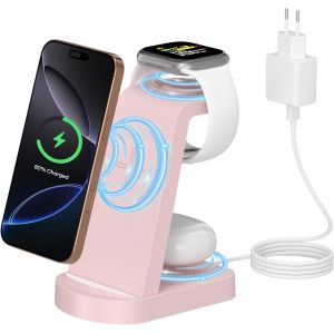 Induction Charger, 3 In 1 Wireless Charging Station (With 18w Adapter) Charging Station Compatible With Iphone 16/15/14/13/12 Pro/Promax, Apple Watch Ultra/10/9/8/7/6/5/4/Se,Airpods Pro Pink - Neuf