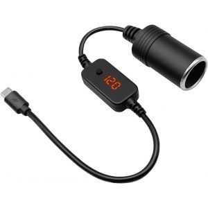 KALANKA-USB C M&acirc;le vers 12V Voiture Allume-Cigare Prise Type-C vers Allume-Cigare Adaptateur C&acirc;ble Convertisseur avec Affichage Voltm&egrave;tre, Tension R&eacute;glable 5V / 9V / 12V - Neuf