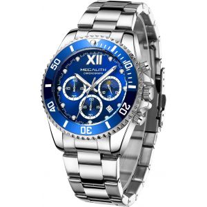 Eryi-Montre Homme Acier Chronographe: Argent Bleu Analogique Quartz - Montre Bracelet Etanche Lumineuses Calendrier - Neuf