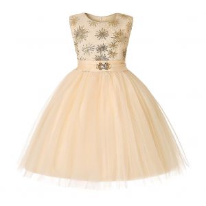 Robe En Tulle A Sequins Pour Fille, Sans Manches, Motif Floral, Tenue De Bal (Beige 3) - Neuf