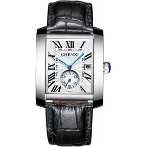 Montre Pour Homme-Calendrier R&eacute;tro-Montre &Agrave; Quartz Analogique Avec Chiffres Romains Rectangulaires-Cadran Et Bracelet En Cuir-Couleur : Noir,Bleu,Marron - Neuf
