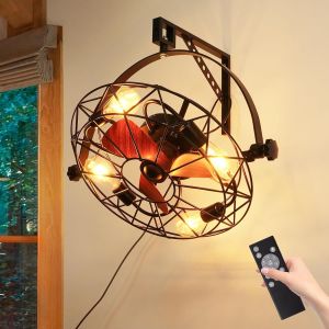 CHECARZHN--NO1-Silencieux Réversible E27 Ventilateur Plafond Avec Lumiere Et Télécommande, Réglable À 360 Degrés, Vintage Plafonnier Ventilateur Avec 6 Vitesses De Vent Et Fonction Minuterie, Pour Ga - Neuf