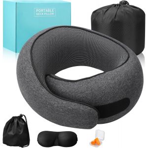 Trahoo-Coussin De Nuque, Coussin De Voyage, Ergonomique, En Mousse À Mémoire De Forme, Avec Masque Pour Les Yeux Et Bouchons D'oreilles, Pour Avion, Automobile, Repos Au Travail, Gris Foncé - Neuf