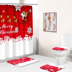 Pack de 4 Rideaux de Douche avec antid&eacute;rapant Tapis, Toilette d'un Couvercle et Tapis de Bain, No&euml;l Rideaux de Douche avec 12 Crochets, No&euml;l Rideau de Douche Sets de salle de Bain - Neuf