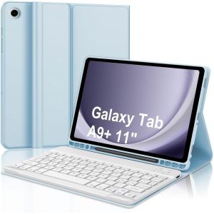 Étui Clavier Samsung Galaxy Tab A9 Plus, Clavier Samsung Galaxy Tab A9+ 11"" 2023, Italien Qwerty, Clavier Bluetooth Sans Fil & Slim Smart Cover, Bleu Clair - Neuf