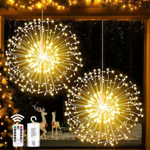 KAL-Lumières Décoratives De Feux D'Artifice 2 Pack 198 Led Guirlande Lumineuse De Noël, 8 Modes Ip67 Étanche Guirlande Lumineuse Fil De Cuivre À Télécommande Pour Intérieure Extérieure Décoration - Neuf