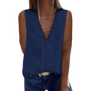 Utigh-Chemisier Femme Dentelle Décontracté Col V Élégant Couleur Unie Vintage Manches Courtes Casual Dentelle Blouse - Neuf