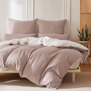 Kalanka-Housse De Couette 140x200 Coton, Design R&eacute;versible - Jacquard Rayures Et Blanc, Certifi&eacute; Oeko-Tex, Rose Parure De Lit 1 Personne 140x200 &iquest;Coton Avec 1 Taie D'oreiller 65x65 Cm - Neuf