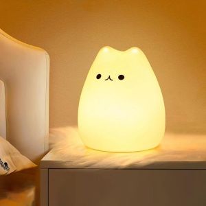 Veilleuse Enfant/B&eacute;b&eacute;,7 Couleurs Kawaii Chat,Veilleuse Led Rechargeable,Fonction Minuterie Lampe Chevet Silicone, Tactile Cadeau Fille - Neuf