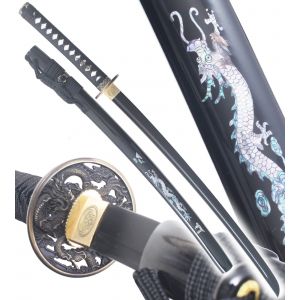 Danzan Katana de combat en Bois Dragon Noir Epee Sabre Katana Japonais - Lame Bois Noire D&eacute;coration - Neuf