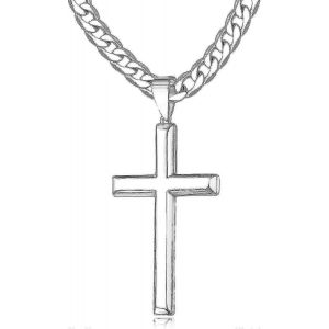 Collier Croix En Argent Sterling 925 Pour Hommes Femmes 45mm En Acier Inoxydable Tr&egrave;s Poli Cha&icirc;ne &Agrave; Maillons Cubains 18 Carats Plaqu&eacute; Or Blanc Bord Biseaut&eacute; Crucifix - Neuf