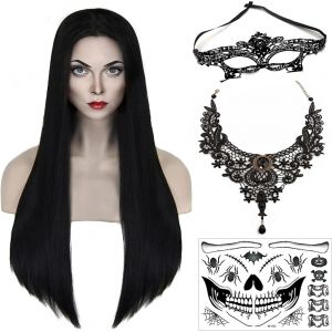 Kalanka-Noir Longues Perruques Droites Pour Femmes Sorci&egrave;re Costume Perruque Morticia, Cosplay Cheveux Synth&eacute;tiques Halloween Perruque Ensemble De 5 Pi&egrave;ces Comprenant Perruque Noire - Neuf
