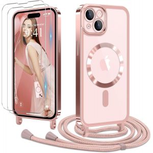 Kal-Coque Pour Iphone 15 Avec Cordon De Collier + 2×Verre Trempé, Coque Transparente Silicone Bumper Etui Housse Avec Cordon Réglable, Coque Magnétique Pour Iphone 15 Rose - Neuf