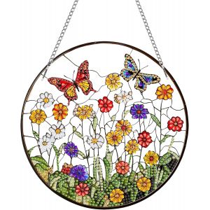 Oayew-Fleur Diamond Painting Pendentif, 5d Diy Pendentif De Peinture Au Diamant, Diamant Painting Papillon, Kit De Suspension Murale Pour Fenêtre, Mur Entrée Et Jardin 20x20 Cm - Neuf