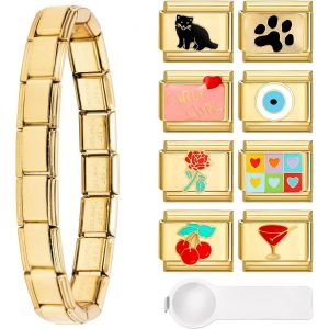 Kalsw-Bracelet &Agrave; Breloques Italien En Or,Bracelet &Agrave; Breloques Avec 8 Breloques Italiennes En Or,Modules Amovibles Diy De 9 Mm Pour Bracelets Italiens (B) - Neuf