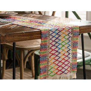 Chemin De Table En Coton Et Lin 200 X 30 Cm Avec Pompons - Neuf