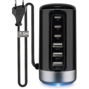 JGD-Chargeur USB C Multiple 60W, PD3.0 QC4.0 PPS 6 Ports Charge avec d&eacute;tection Intelligente, Compatible avec iPhone/Samsung/Note/Fold/Pixel/Xiaomi/Huawei/iPad/Tablettes - Neuf
